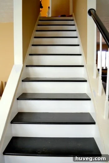 Striking black and white stairs in a freshly painted hallway, highlighting modern interior design and the impact of contrasting colors in a home renovation.