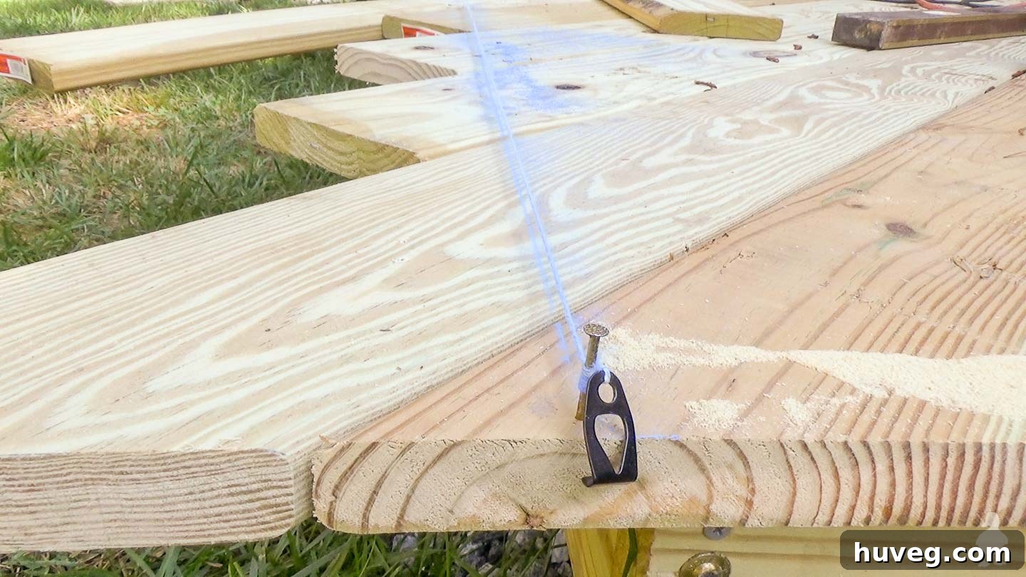 snapped chalk line on edge of deck