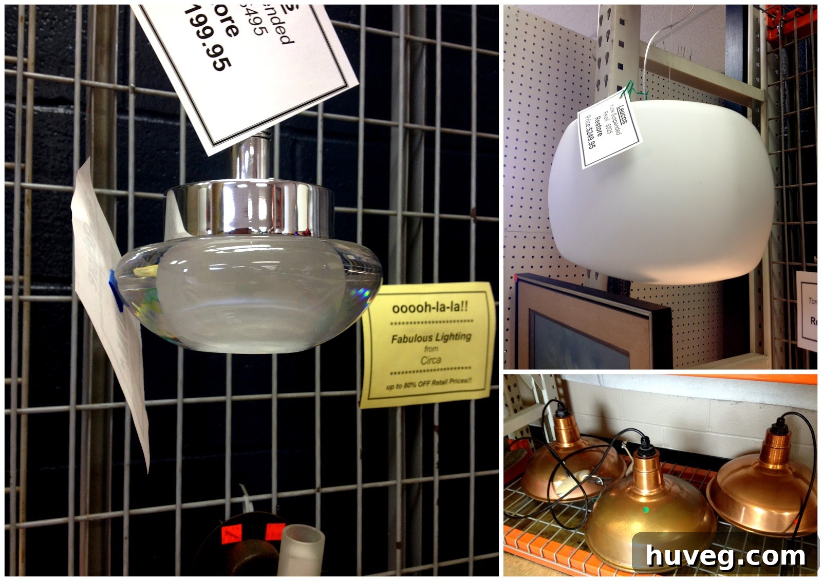 An impressive display of modern and industrial light fixtures, including large white modern designs and distinctive copper pendant lights, at Habitat ReStore.