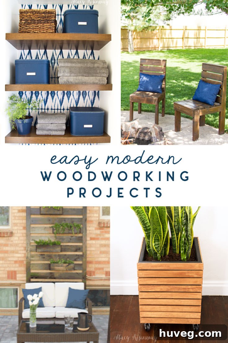 Easy and modern woodworking projects including planters, shelves, and outdoor furniture, perfect for beginners and seasoned DIYers.