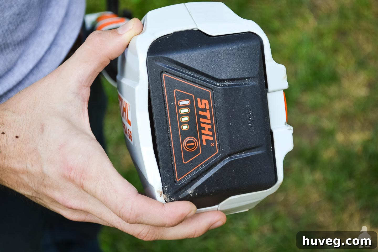 closeup stihl batteries with light up sensor for battery use left
