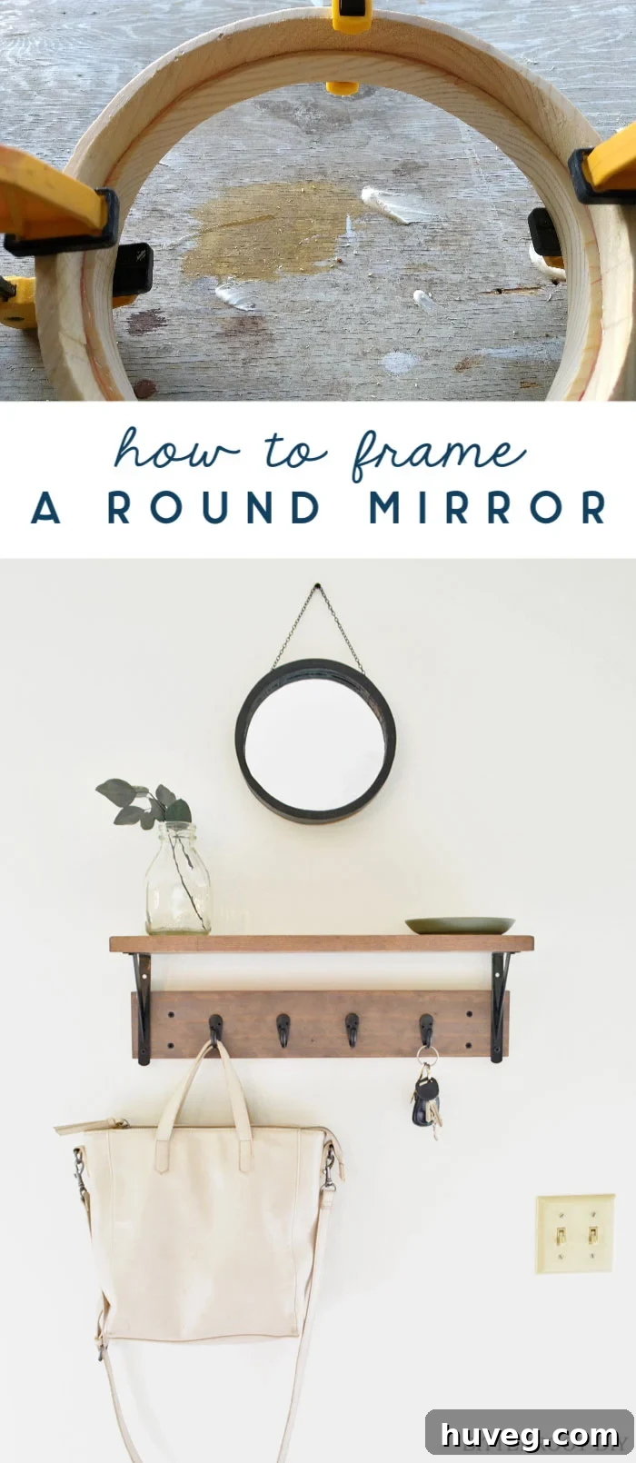 Transform an ordinary round mirror with a custom wooden frame, made easily without a router, using only a jigsaw. Perfect for affordable home decor projects.