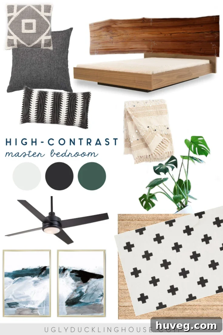 high contrast master bedroom mood board design inspiration - black and white pillows, moroccan influence, live edge wood headboard, abstract art