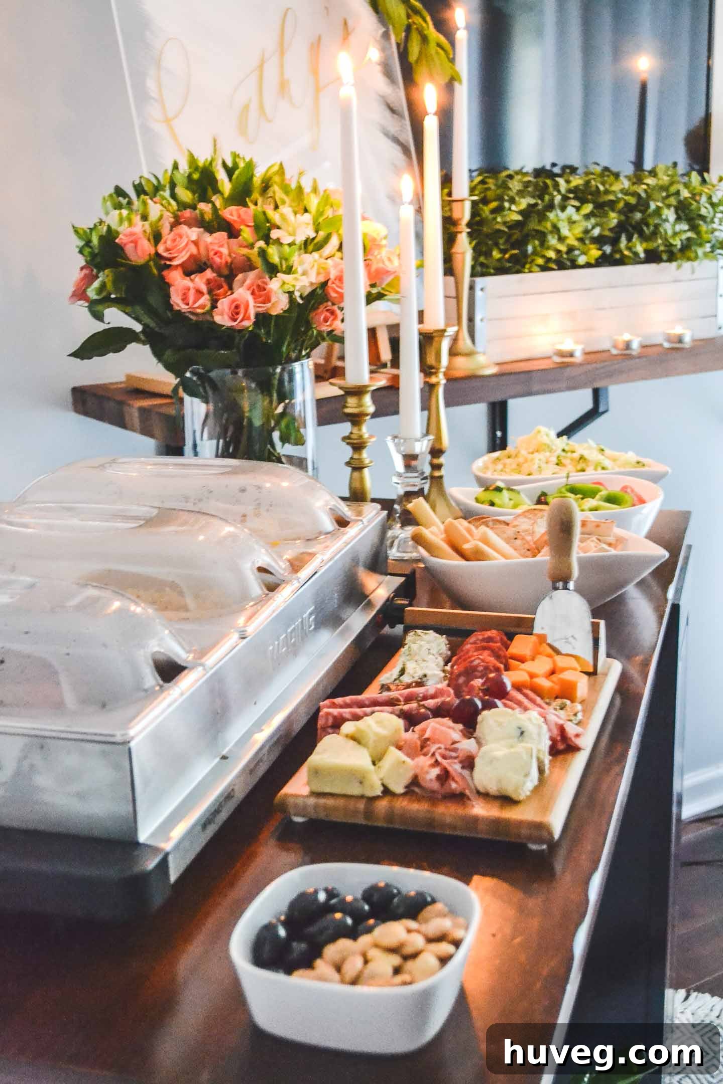 indoor buffet table setup in kitchen