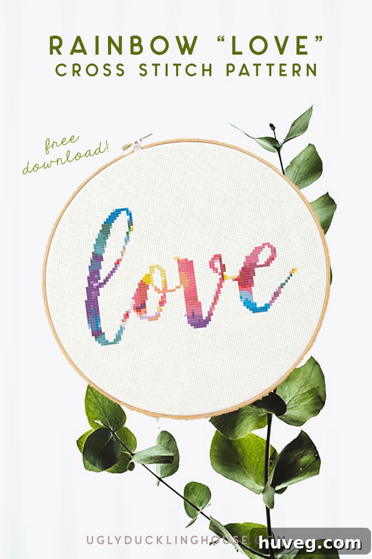 Vibrant rainbow love cross stitch pattern with watercolor effect, ideal for modern home decor and handmade gifts