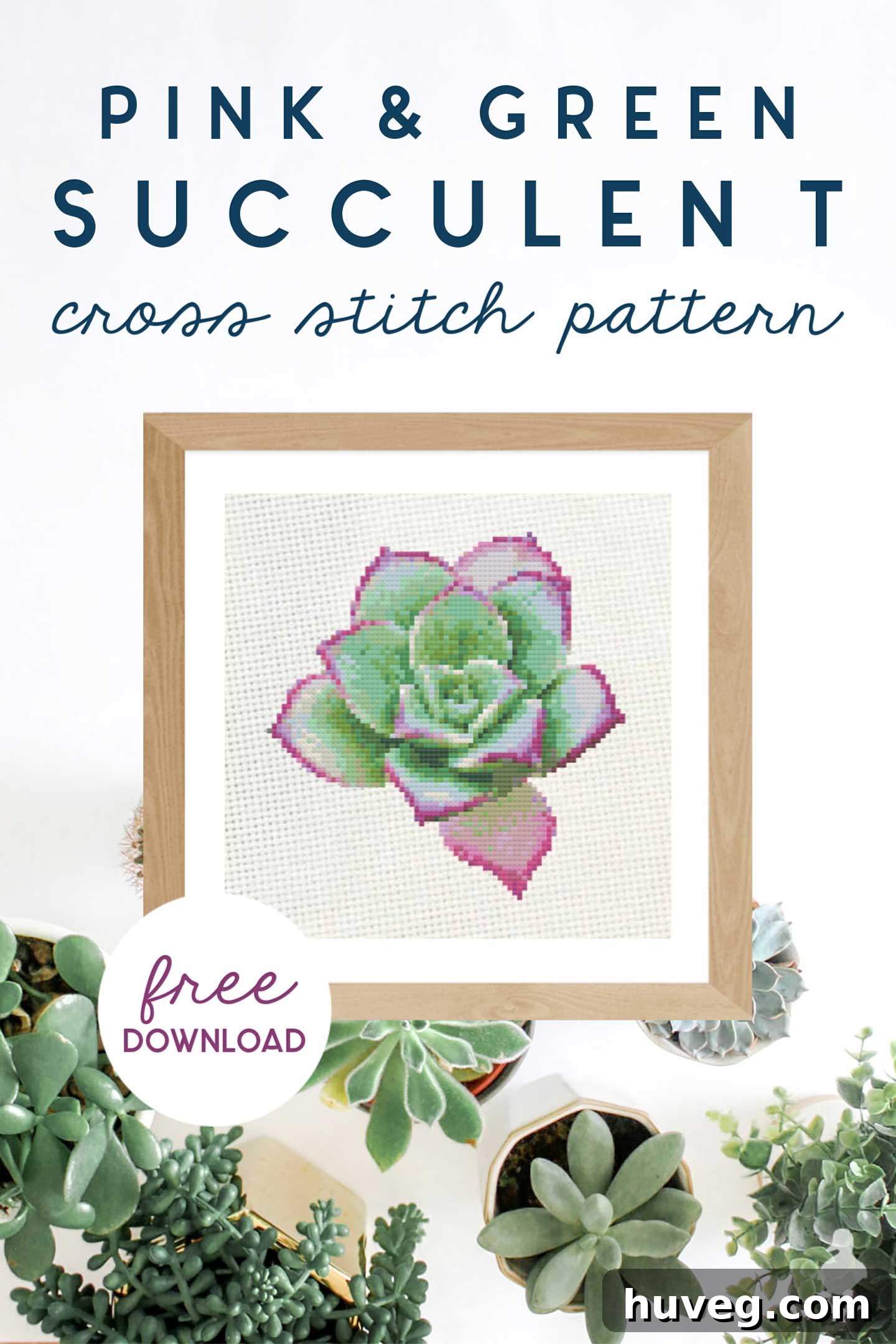 Vibrant pink and green succulent cross stitch pattern, perfect for spring decor.