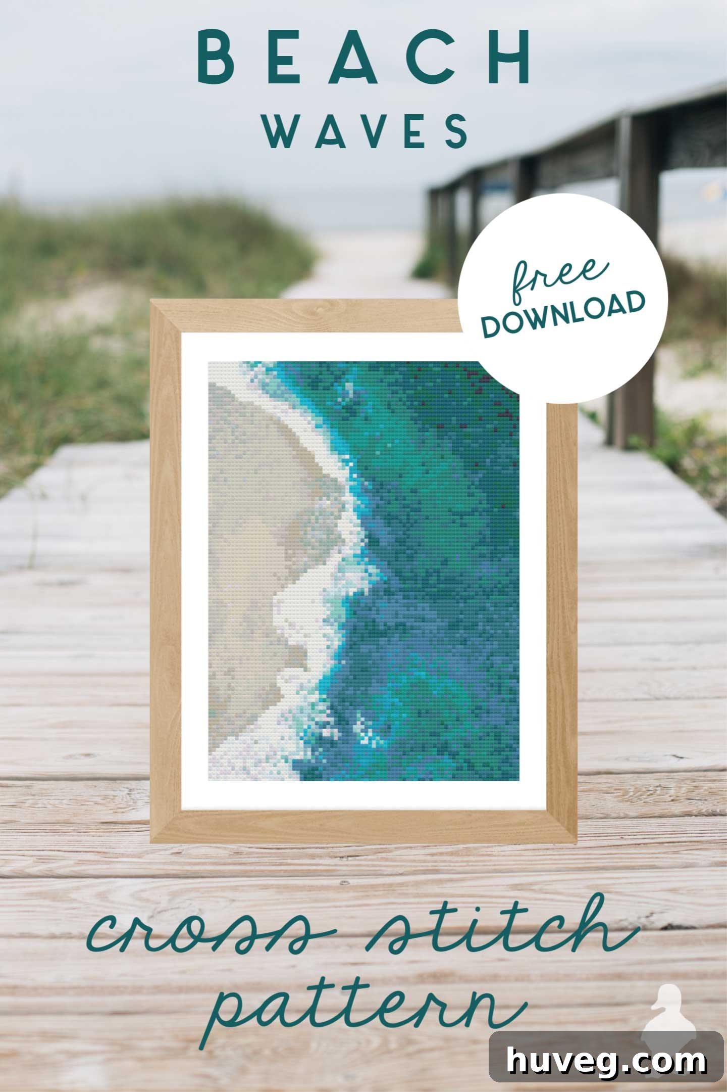 Framed photorealistic beach waves cross stitch art, showcasing vibrant blues and white foam against a beach background.