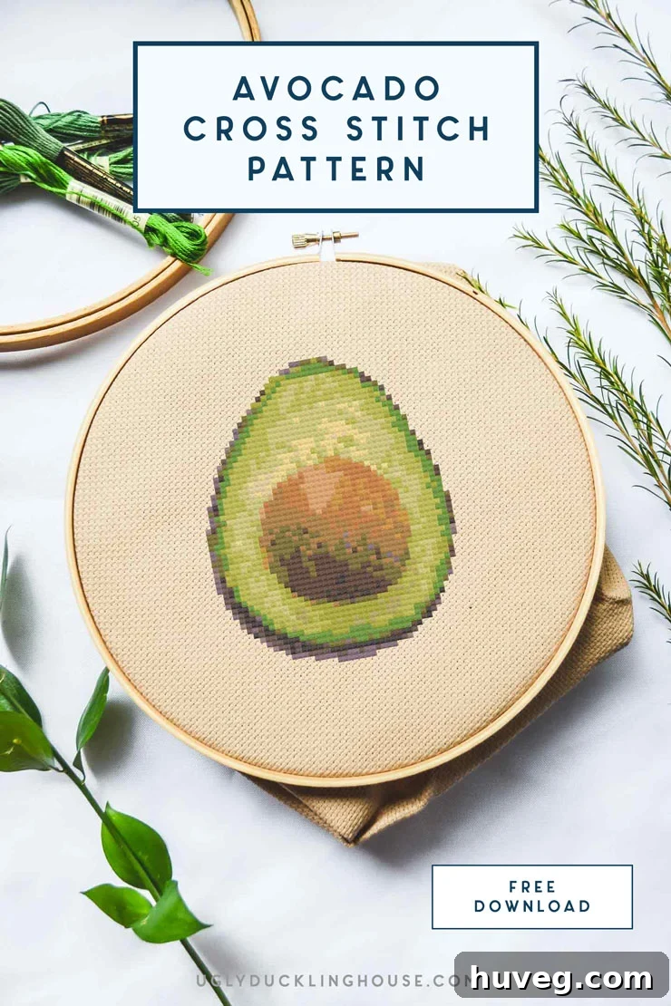 Avocado counted cross stitch pattern available for free download, perfect for beginners and food lovers.