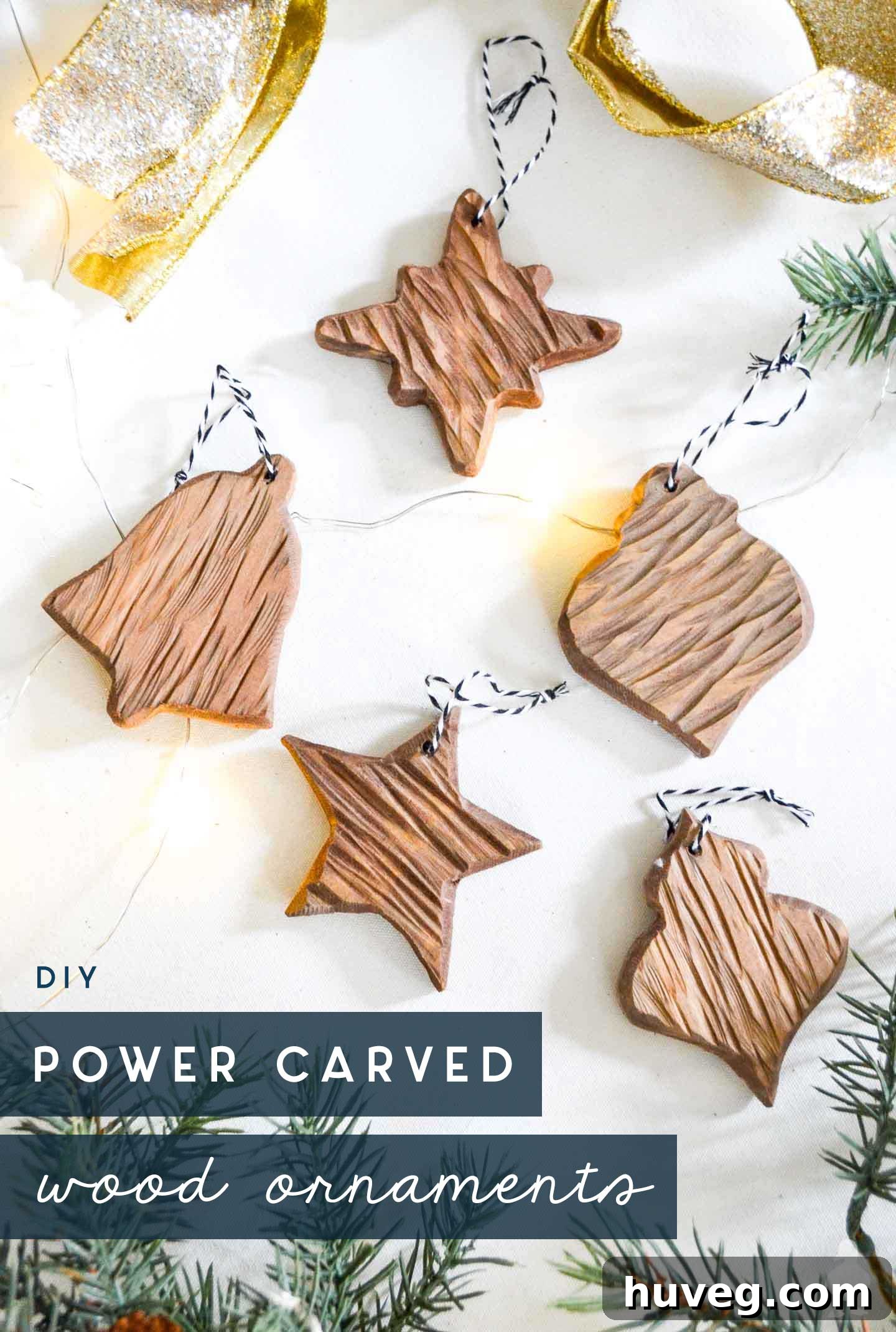 Set of rustic power-carved wood ornaments for Christmas trees, featuring unique textures and natural elements, perfect for modern farmhouse or neutral holiday decor. No sanding required!