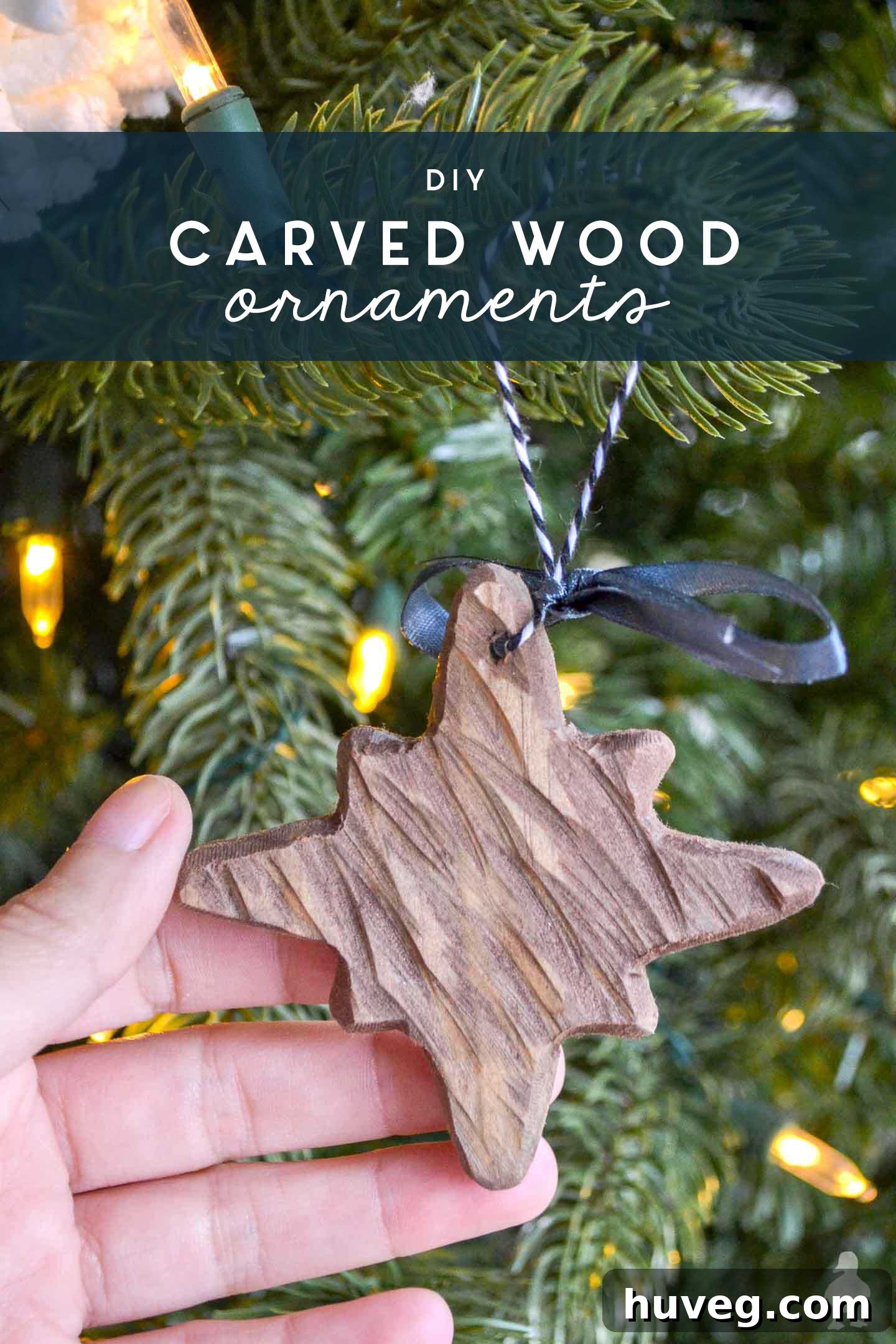 A stunning rustic power-carved wood ornament, perfect for adding a modern farmhouse or neutral touch to your Christmas tree decor. An ideal DIY wood craft project.