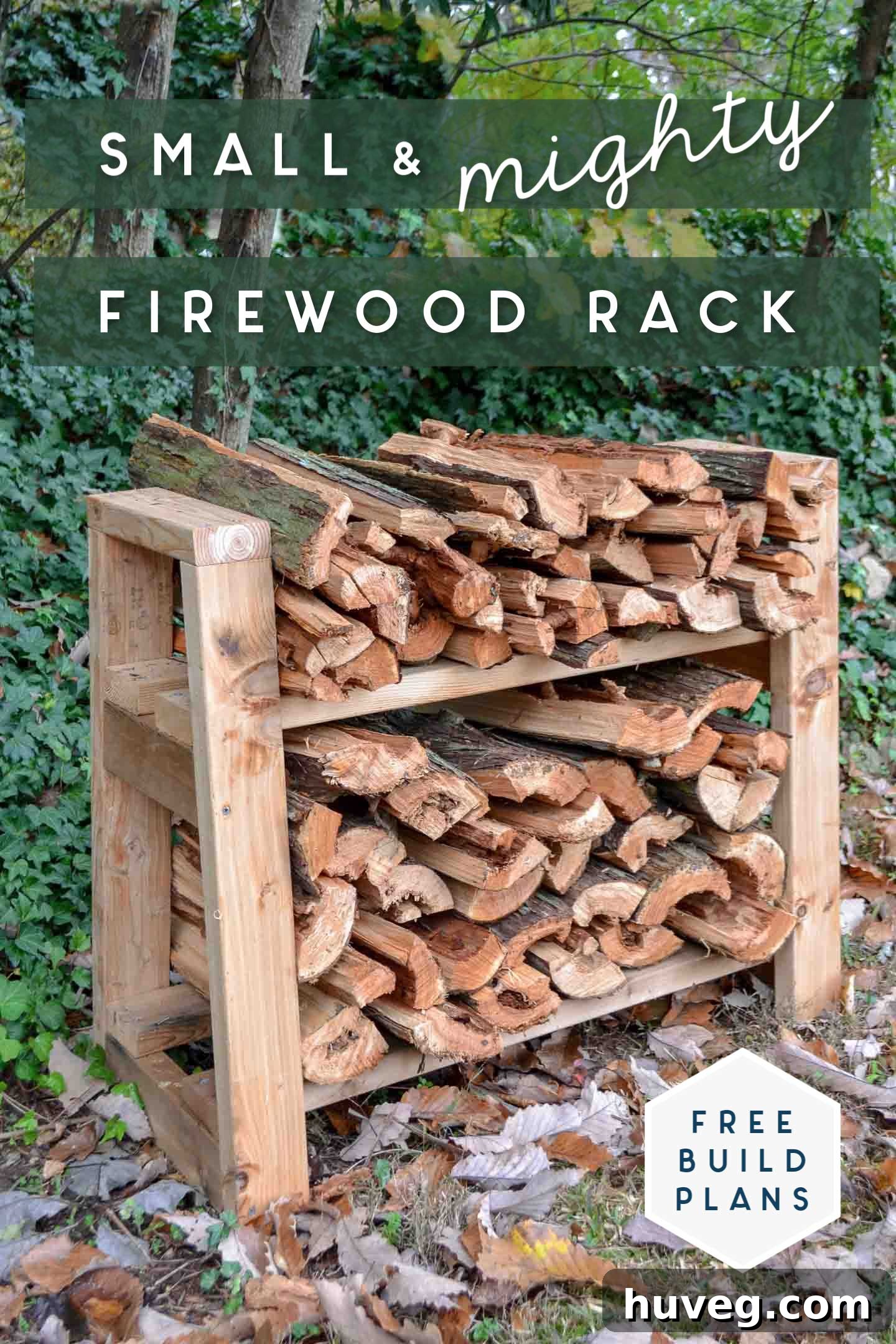 small firewood rack in wooded background