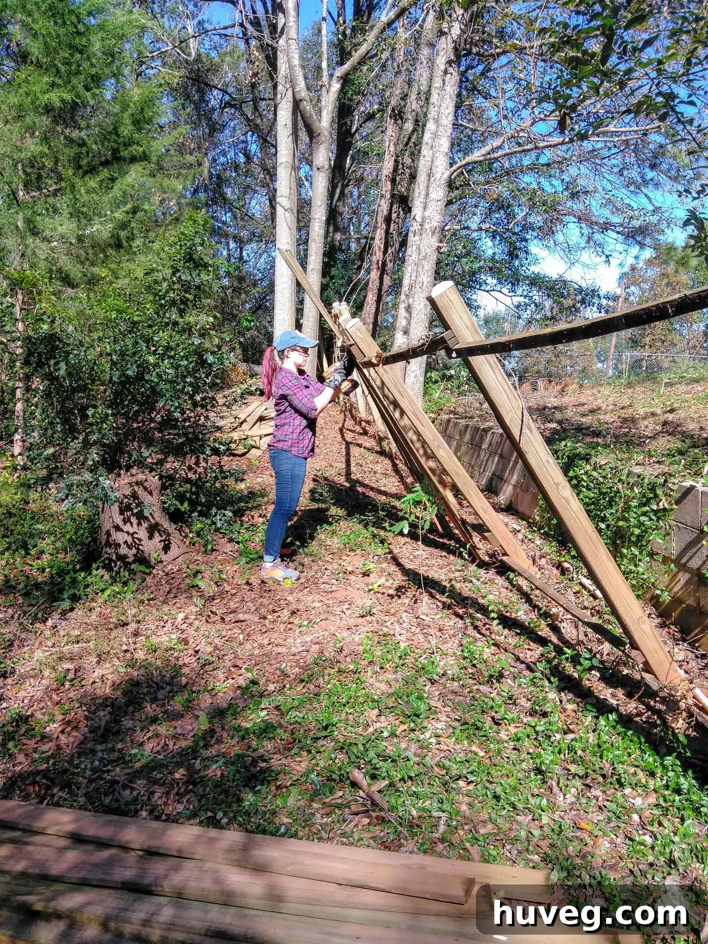 Long view of a damaged fence line being dismantled, with fallen trees in the background.