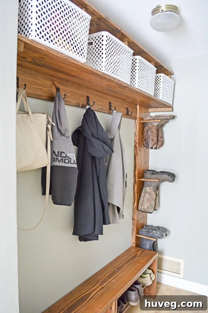 Completed DIY Mudroom Storage Cubbies with a fresh coat of stain