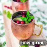 Beautifully garnished spiced and sparkling cranberry mule in a copper mug