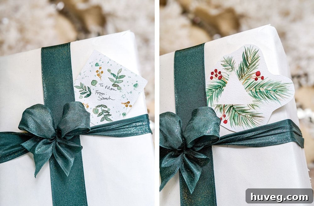 comparison of DIY Christmas watercolor tags, one with polka dots and one with berries