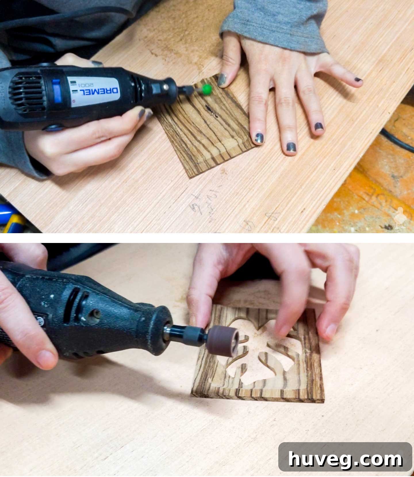 Using a Dremel tool with a coarse sanding attachment on the back of the gift card holder front piece, carving out a gift card shape for a custom holder.