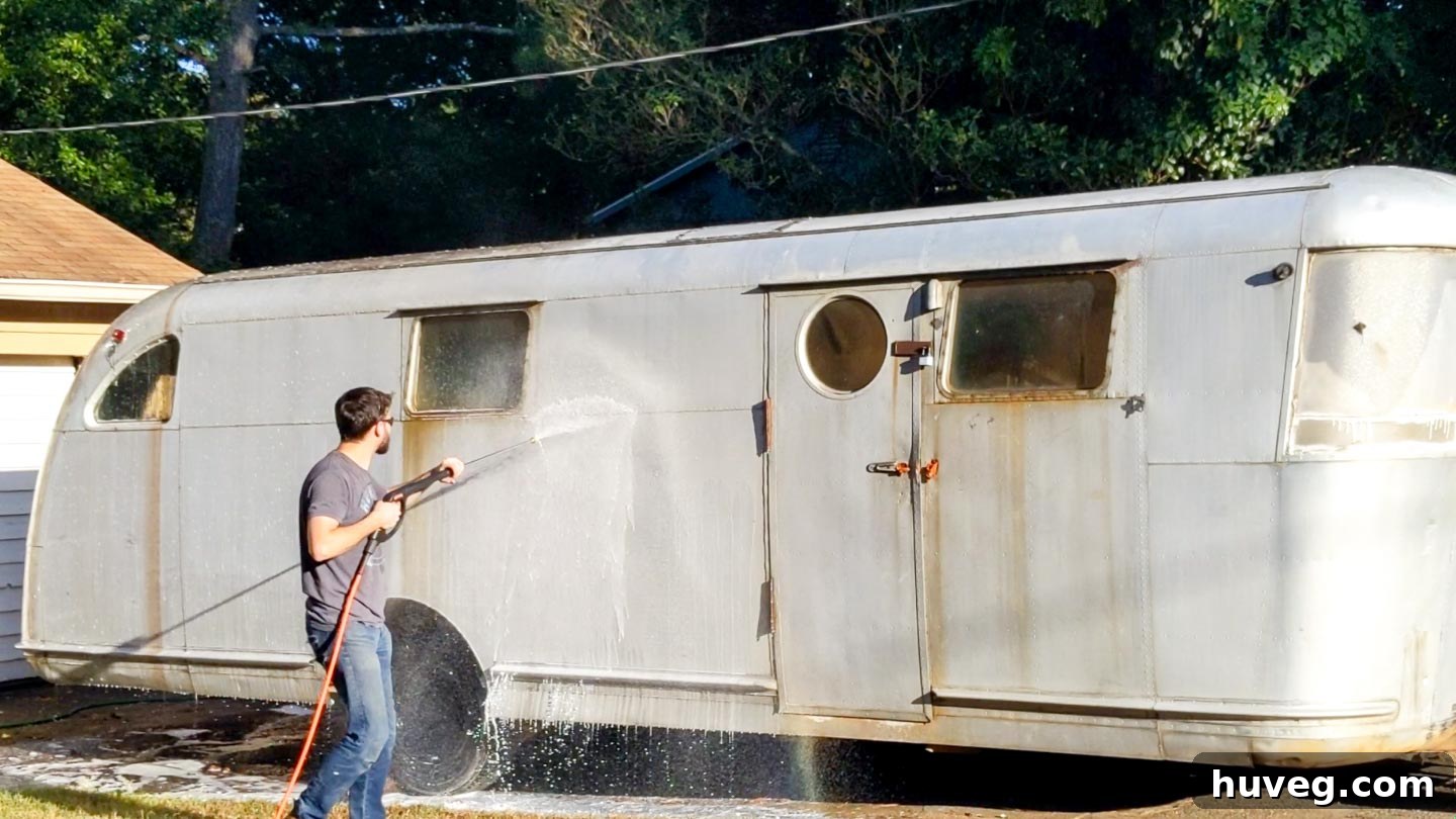 Trailer's aluminum exterior showing accumulated dirt and grime