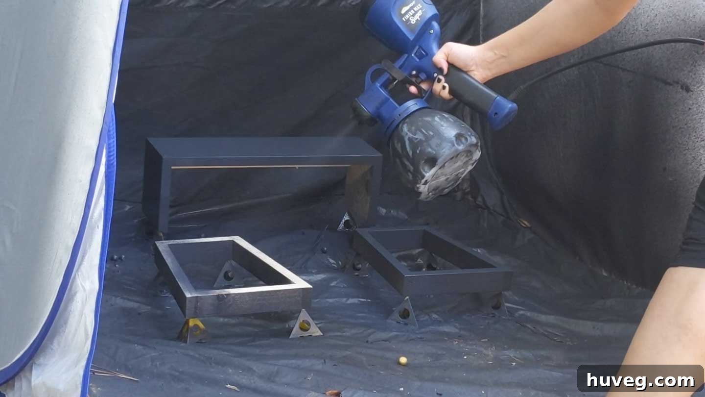 spray shelves with black paint
