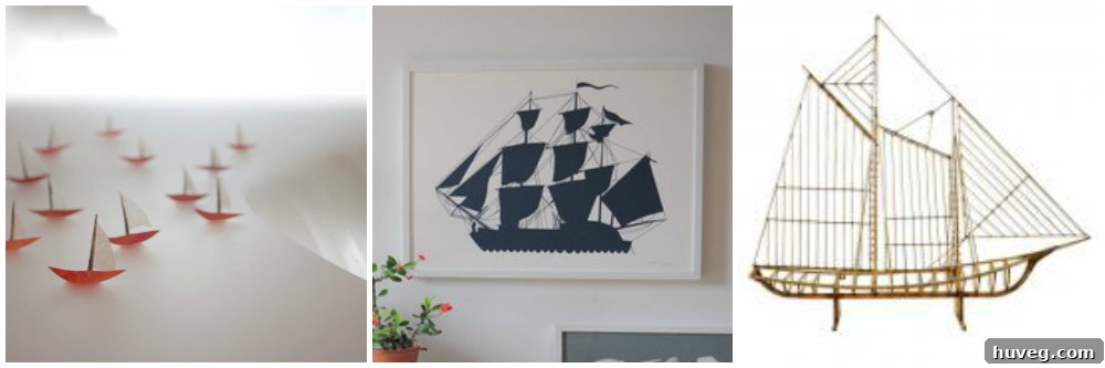 Art depicting simple, stylized ships or boats.