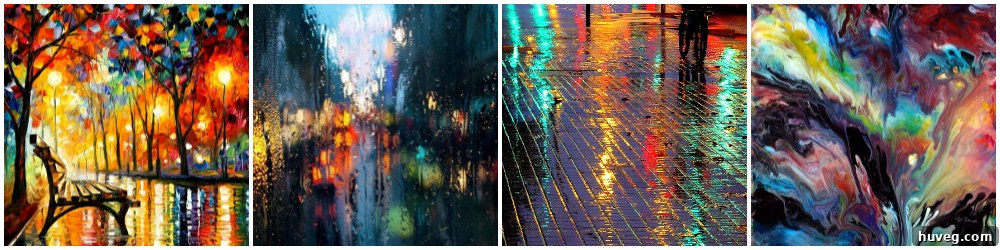 Art depicting vivid, colorful scenes that appear wet or painted with saturated washes.