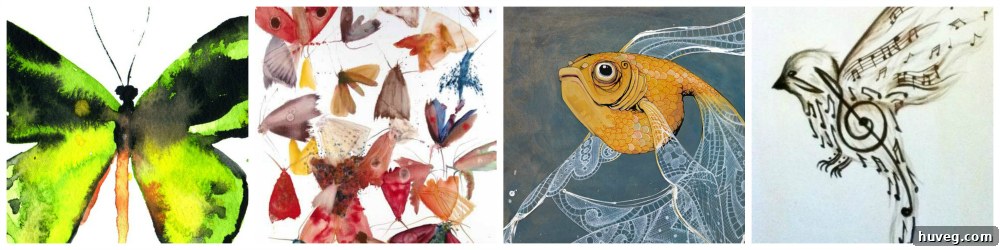 Art featuring various elements with wings, such as butterflies, birds, or fish fins.
