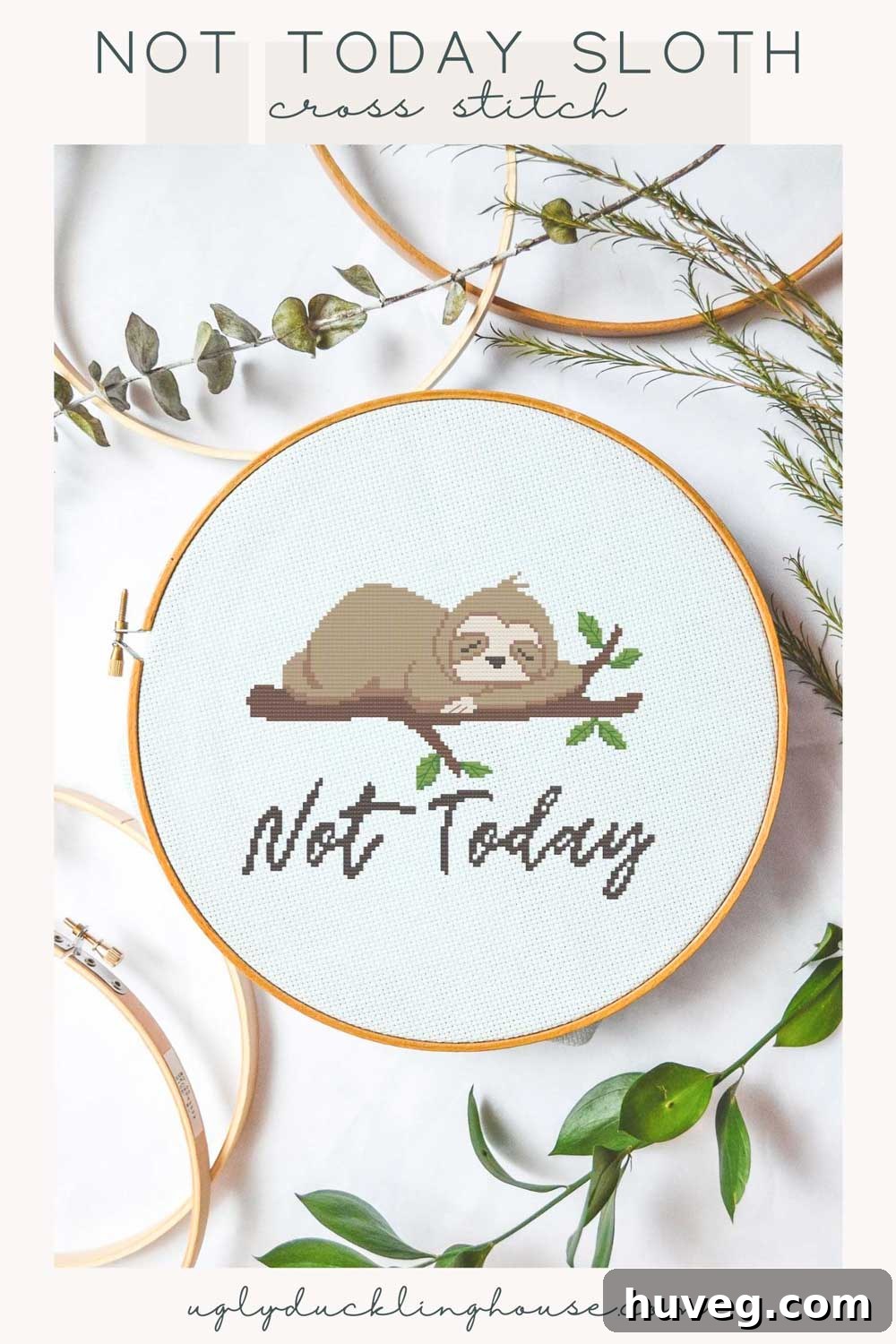 Serene 'Not Today' sloth cross stitch pattern resting on a branch, perfect for crafters seeking a relaxed project or a thoughtful handmade gift.