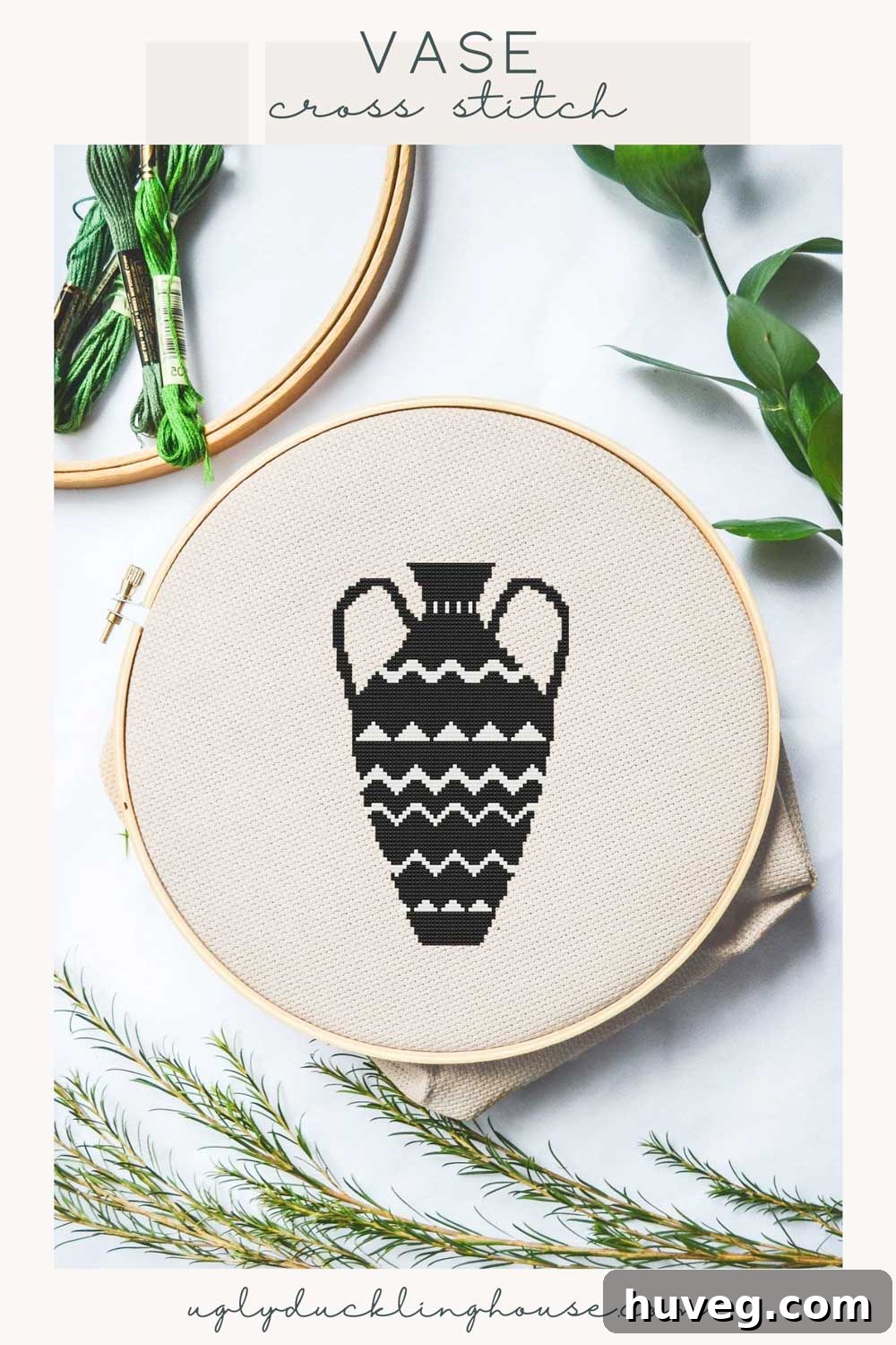 Elegant black and white geometric vase cross stitch pattern perfect for modern decor