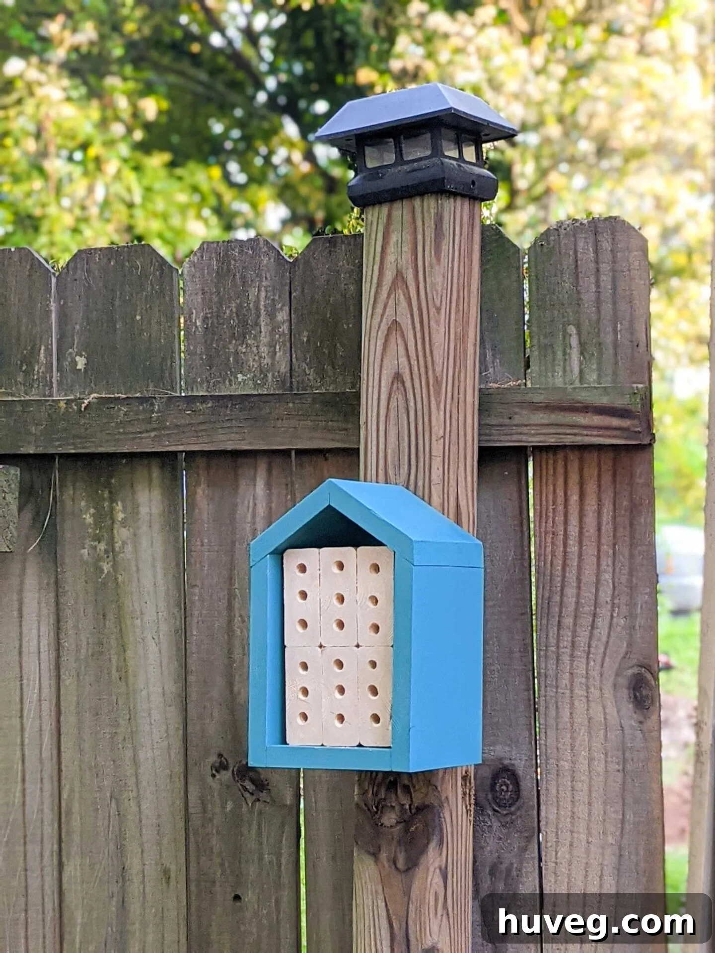 finished blue mason bee house attached to fence