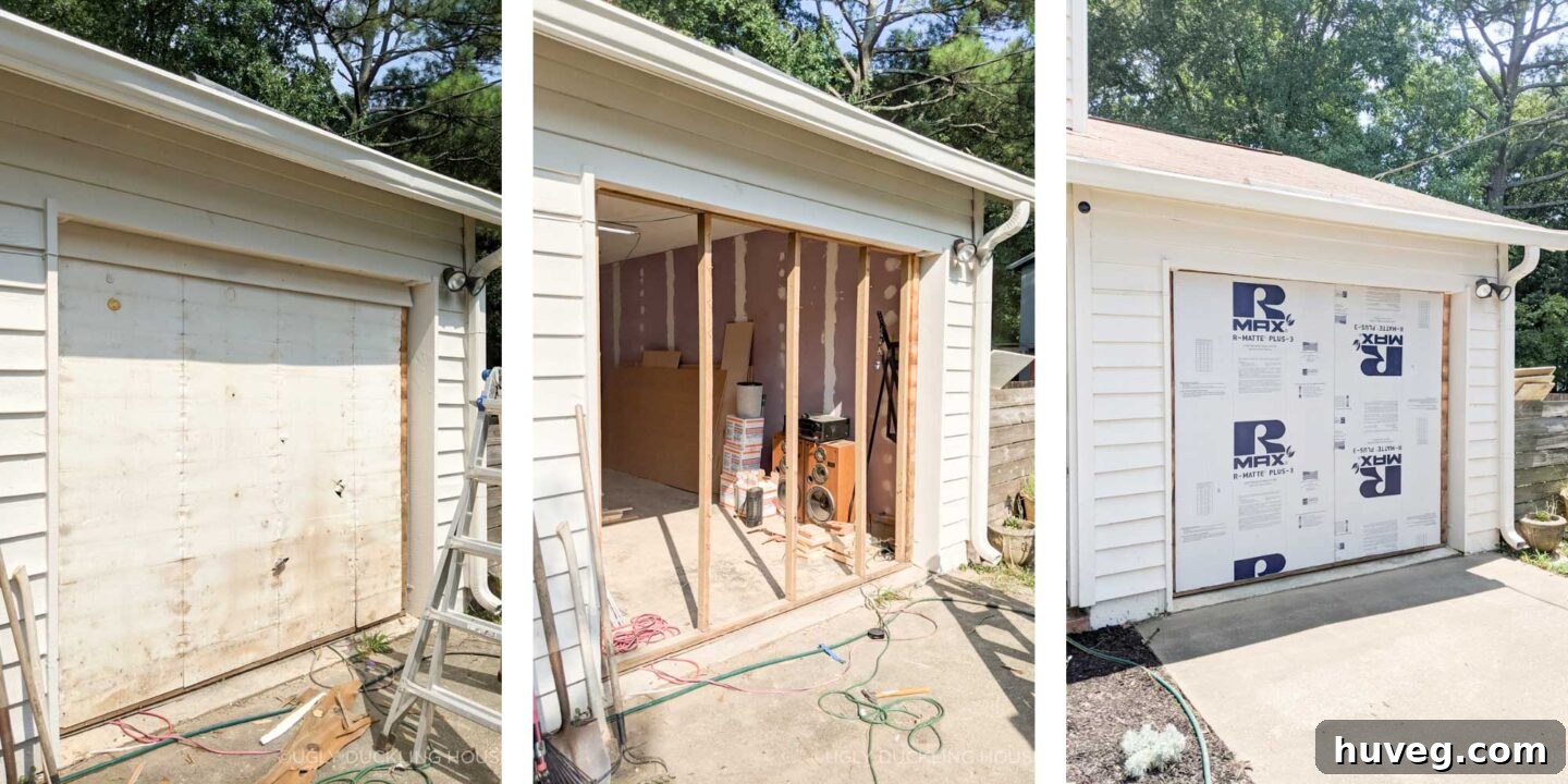 collage of garage door with old insulation, demo down to the frame, and new insulation