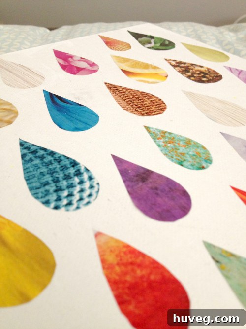 Pre-gluing photography for DIY magazine raindrop art, essential for maintaining arrangement