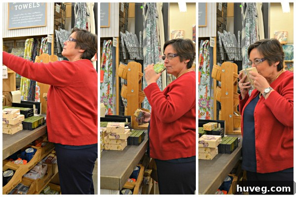 A collage of various World Market soaps being examined by Mom
