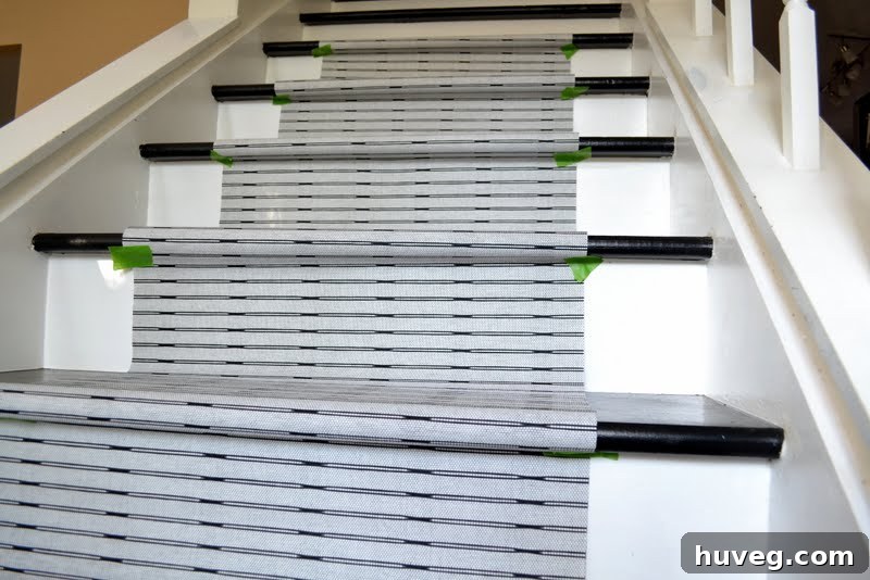 Stair runner pattern mock-up on stairs