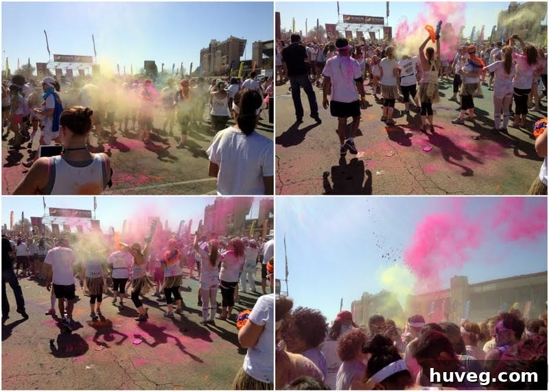 The vibrant color explosion during the post-race party at The Color Run, an energetic celebration.