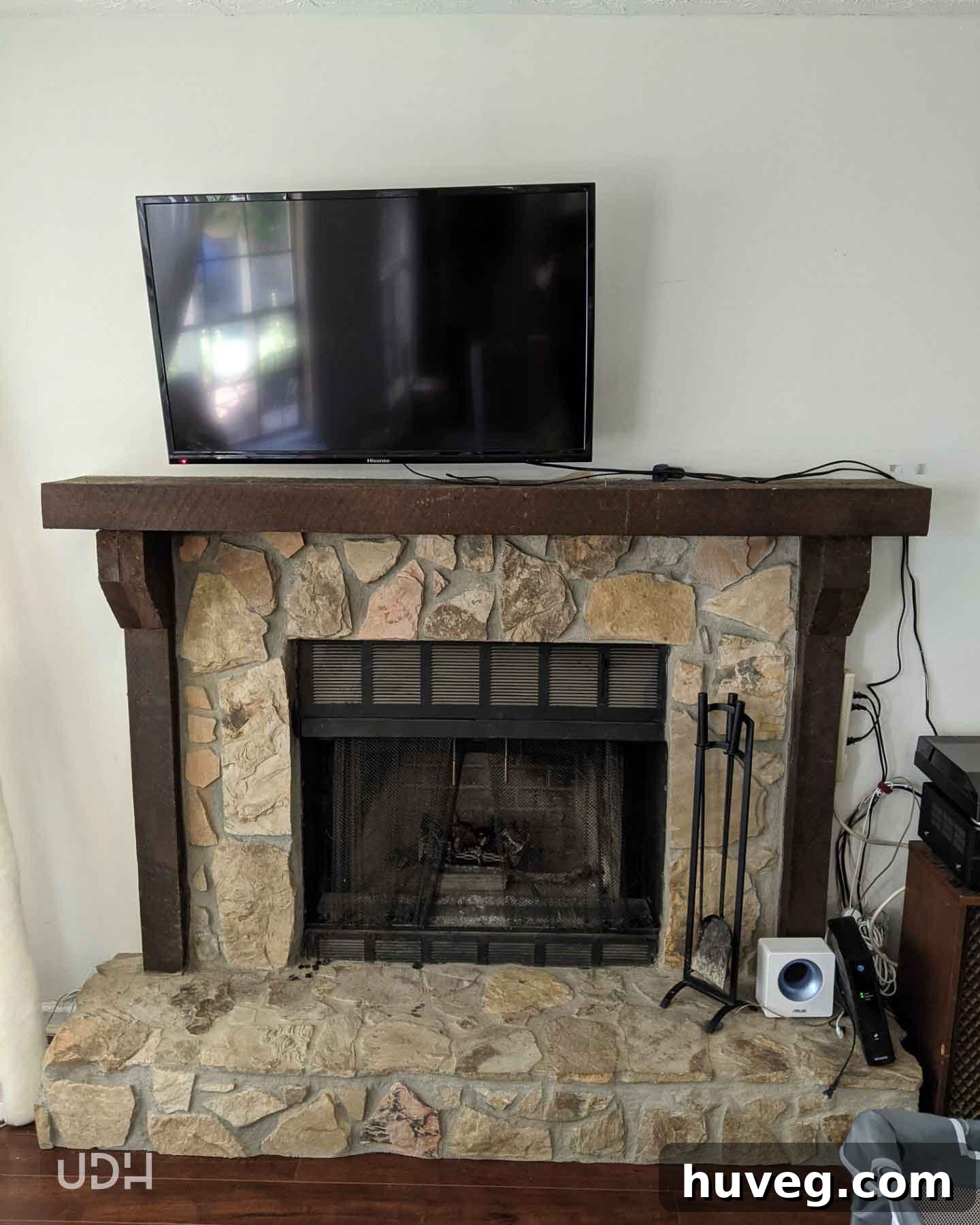 fieldstone fireplace before makeover