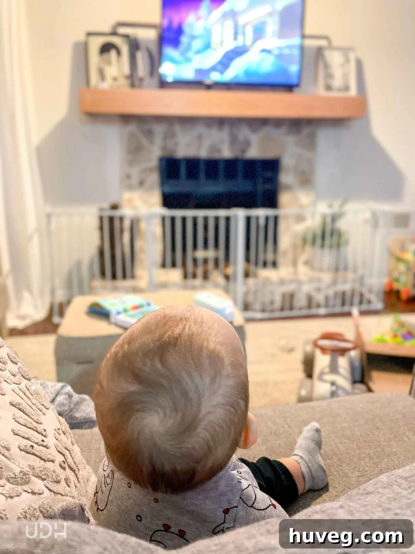 Ellis enjoying a movie in front of the newly made over fireplace