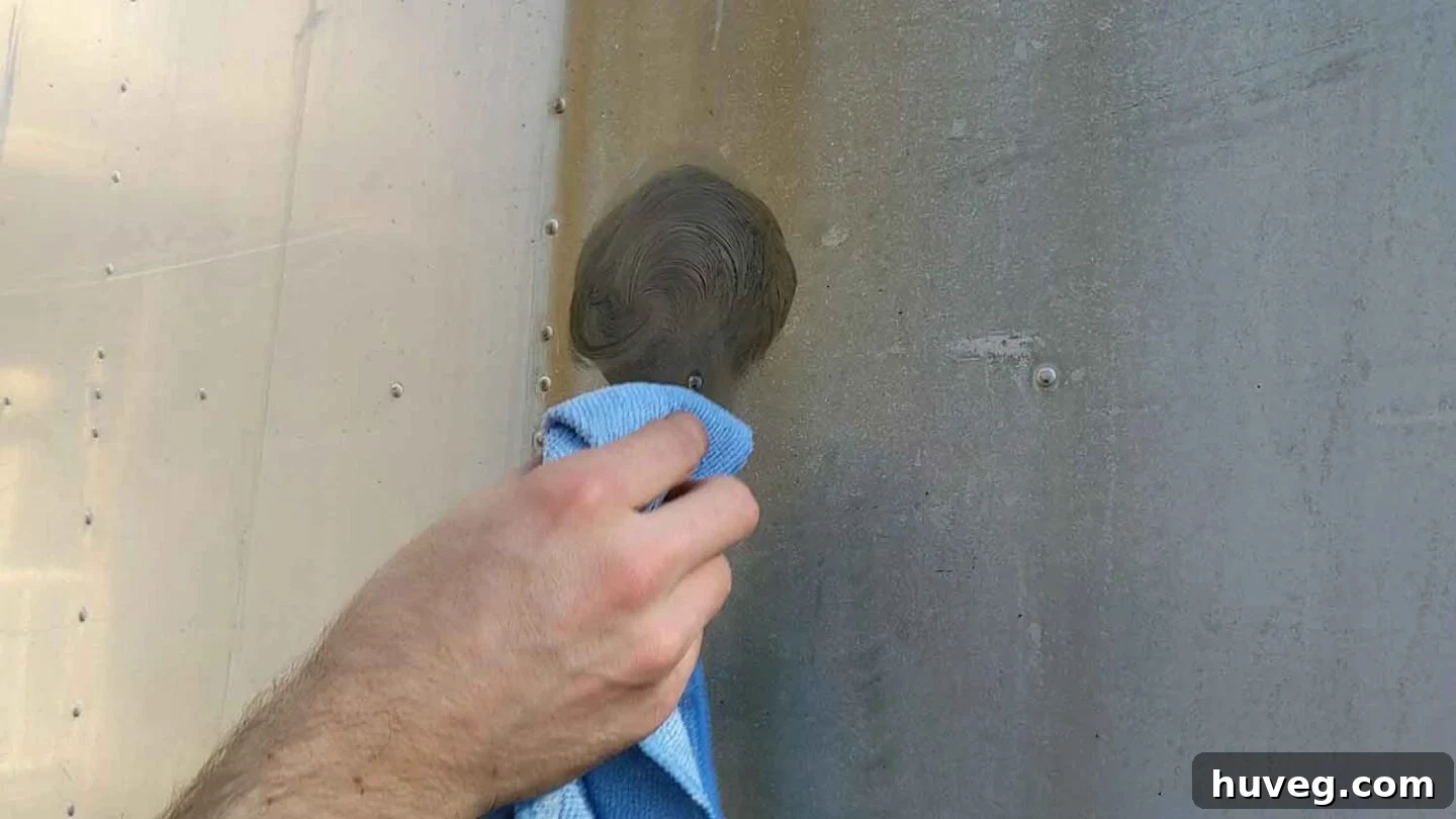Close-up photograph of aluminum polish turning black on a vintage camper panel, clearly demonstrating the oxidation removal process.