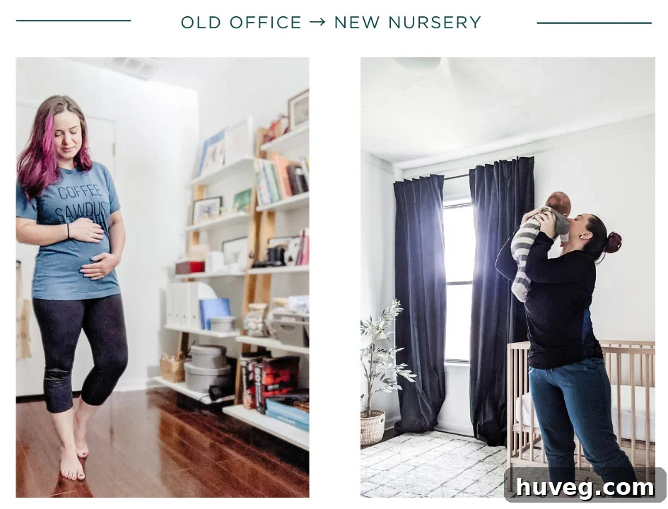 Old office transformed into a new baby's nursery, showcasing the before of the room rearrangement