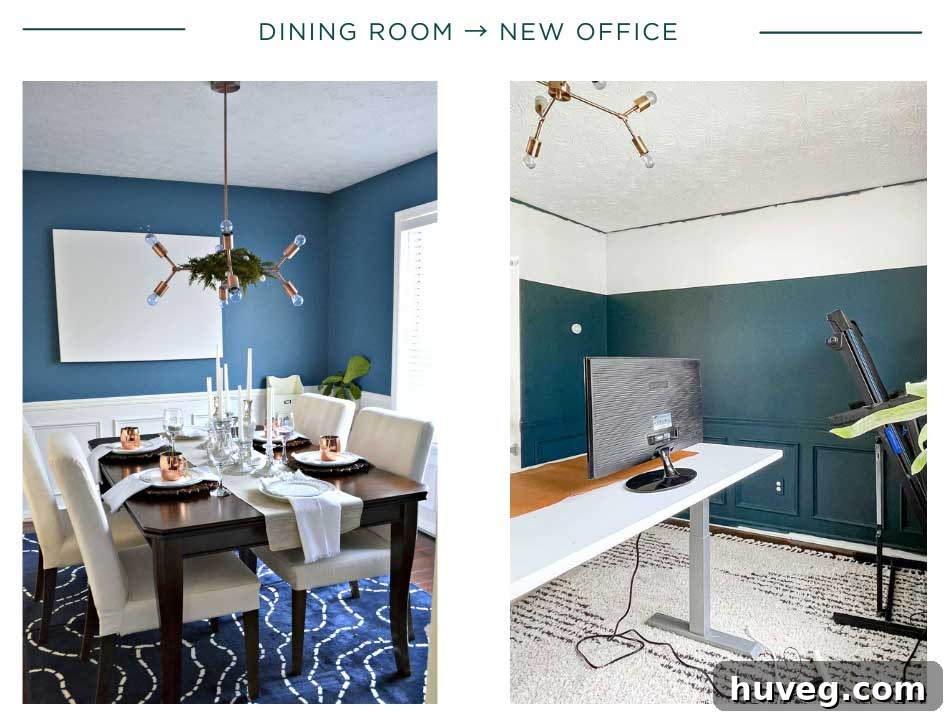 Old dining room converted into a new home office featuring a modern color block paint treatment