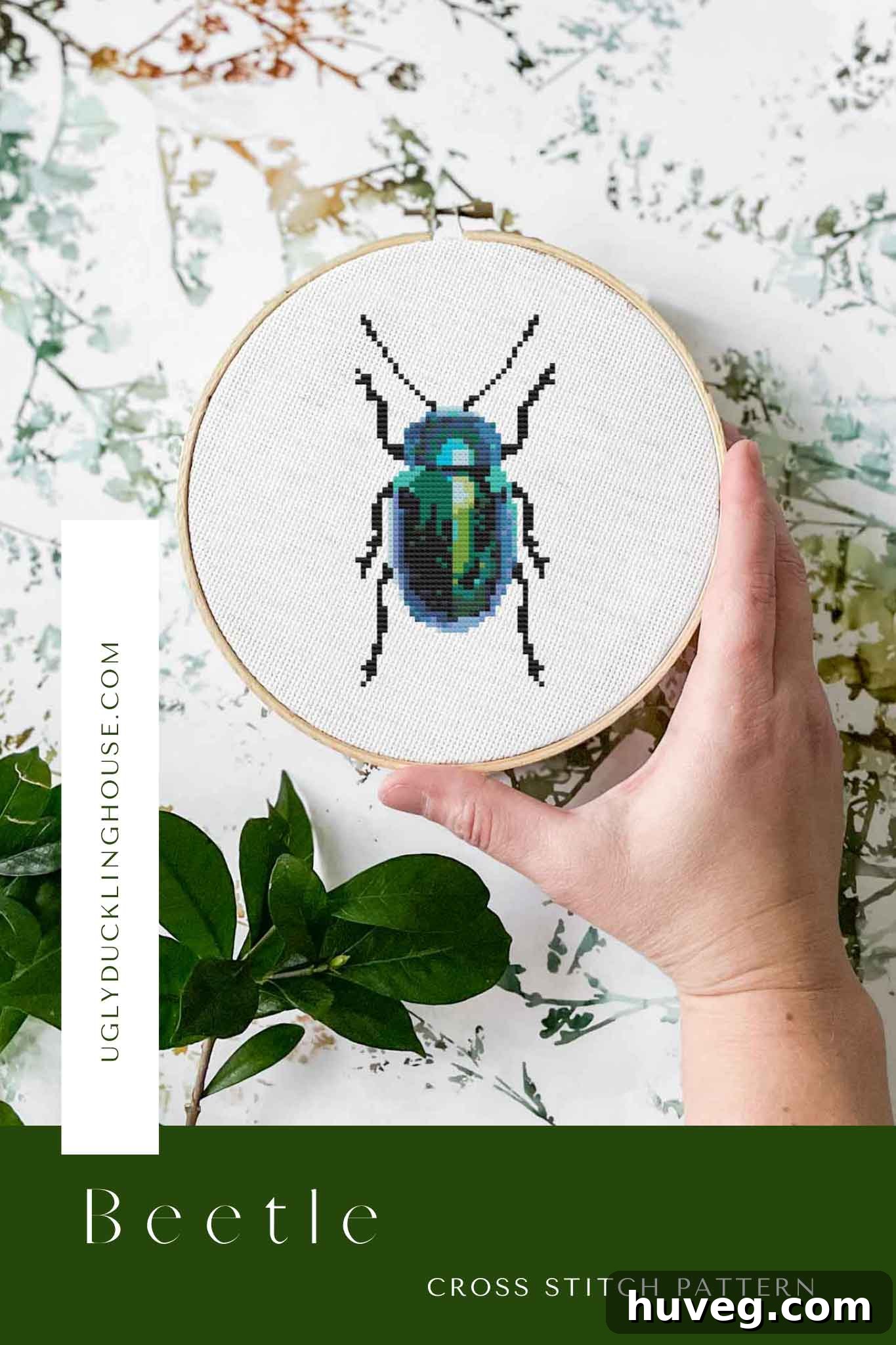 Vivid Teal and Green Beetle Cross Stitch Pattern for Modern Decor