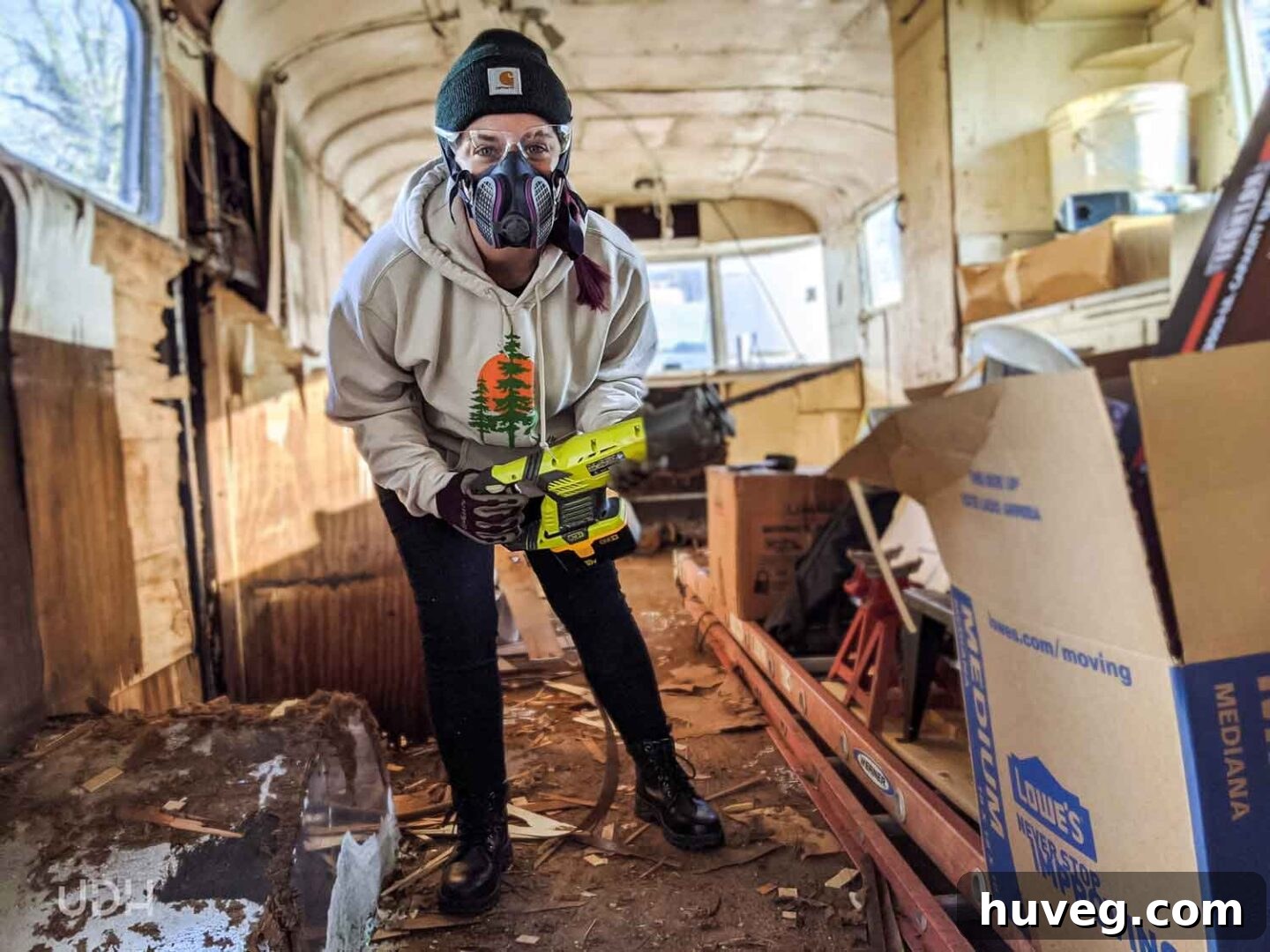 Inside Ruby during a home renovation demonstration process, showcasing DIY skills.