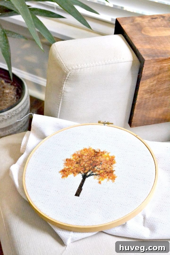 Autumn tree cross stitch pattern - a free fall-themed design available to crafters