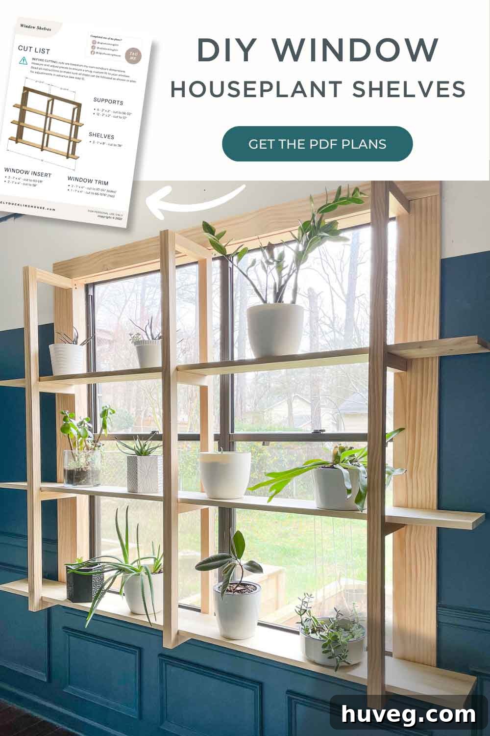 DIY window shelves for houseplants pin for Pinterest