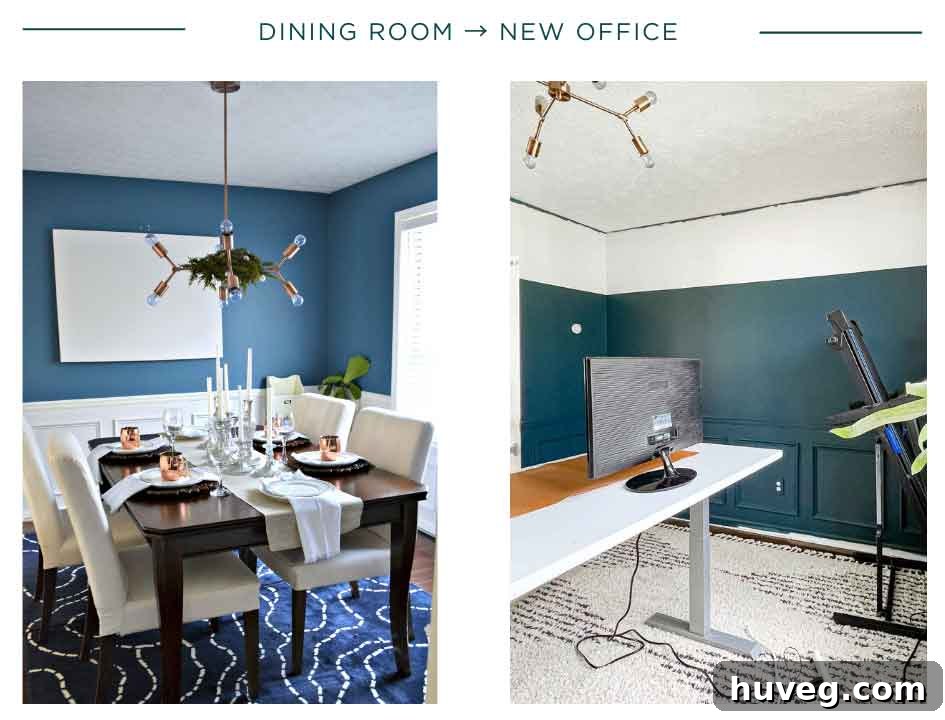 old dining room transitioning into a new home office with color block paint treatment