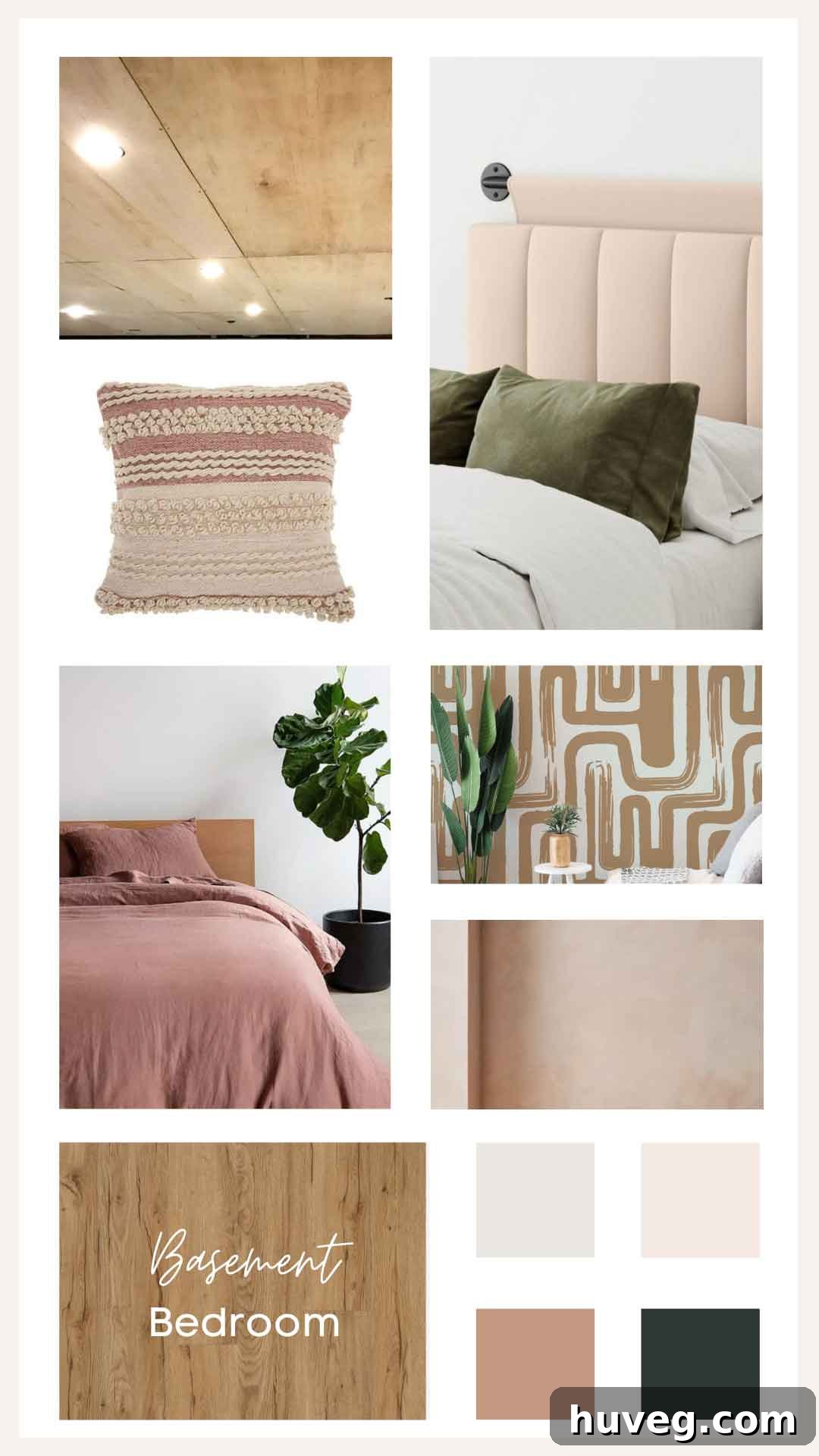 Basement apartment bedroom inspiration featuring a mid-century modern dresser, light wood accents, warm pink bedding, and cream walls, embodying a Japandi aesthetic