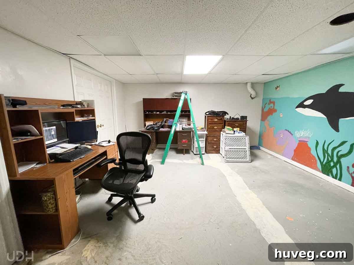 Bedroom area of the basement apartment before renovation, showing an unstyled, empty space