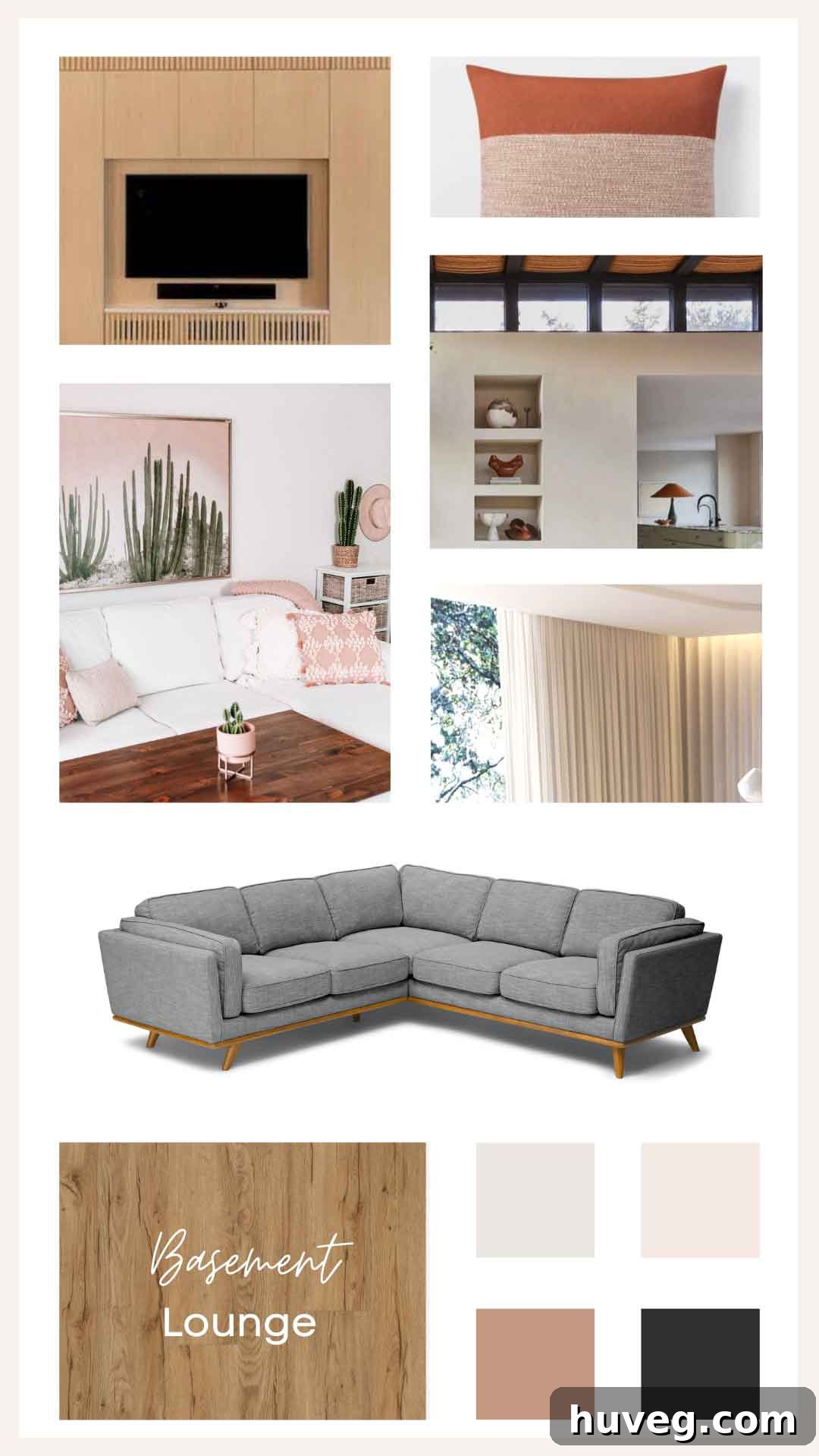 Basement apartment living room mood board featuring a gray sectional sofa, medium light wood accents, cream wall paint, and a warm desert pink color palette