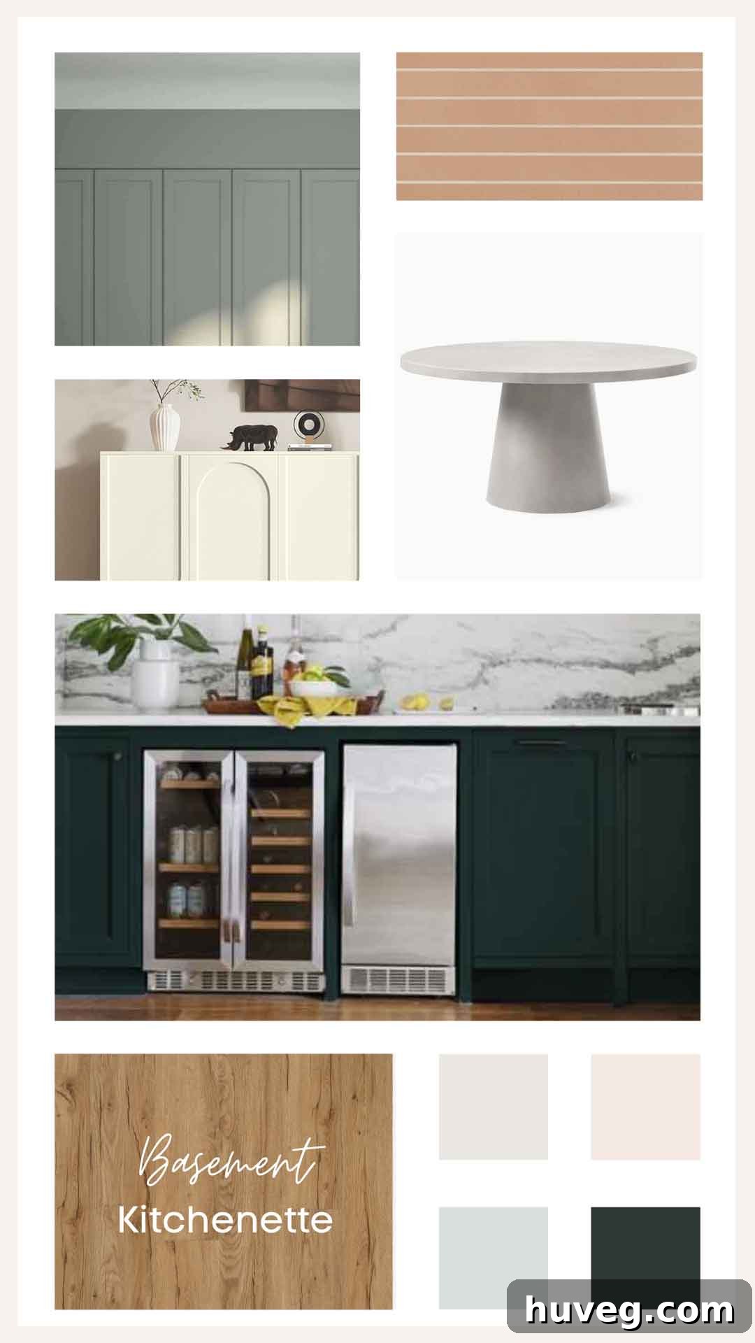 Basement apartment kitchenette mood board featuring shaker style cabinets, clean lines, warm wood accents, and possibly desert pink tile or faux tile backsplash