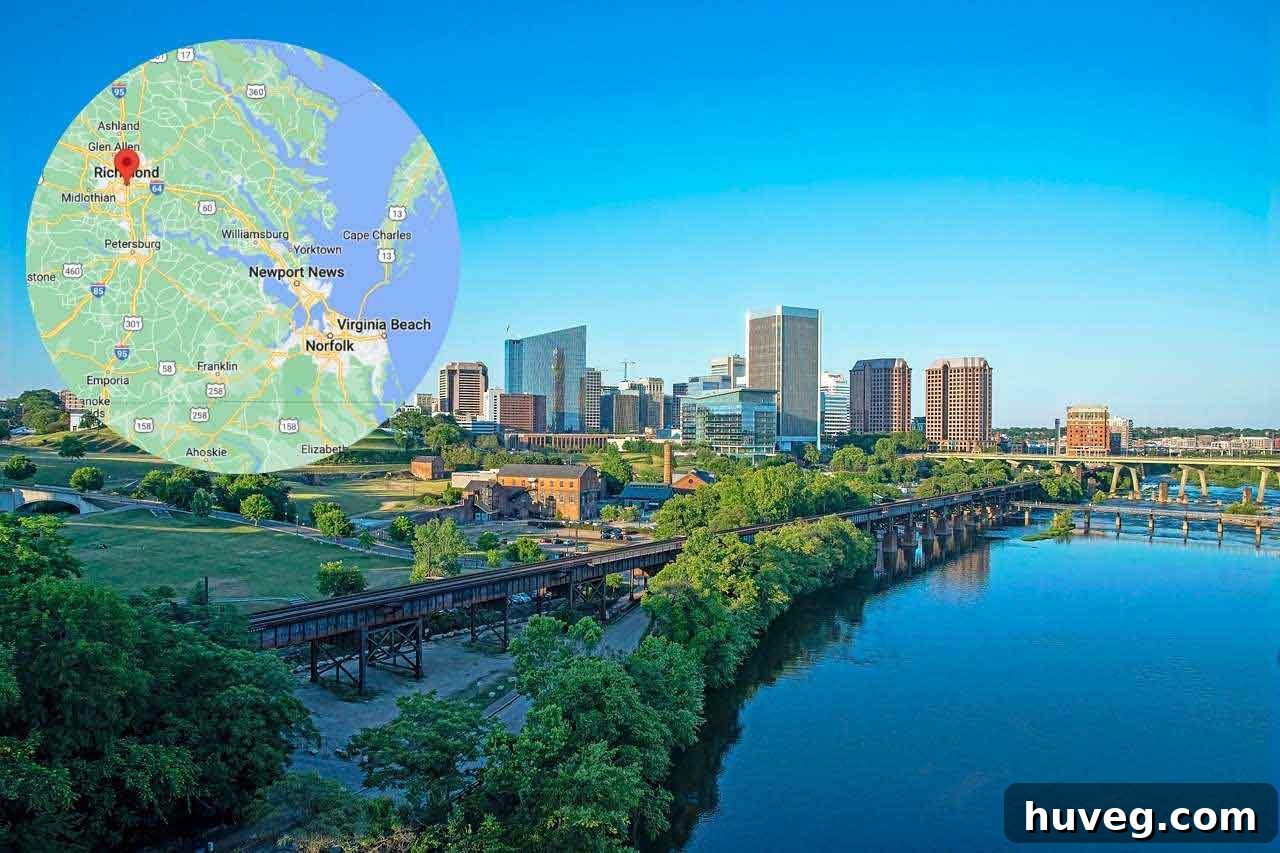 A map highlighting Richmond and the surrounding areas, including Virginia Beach, our potential new home region.