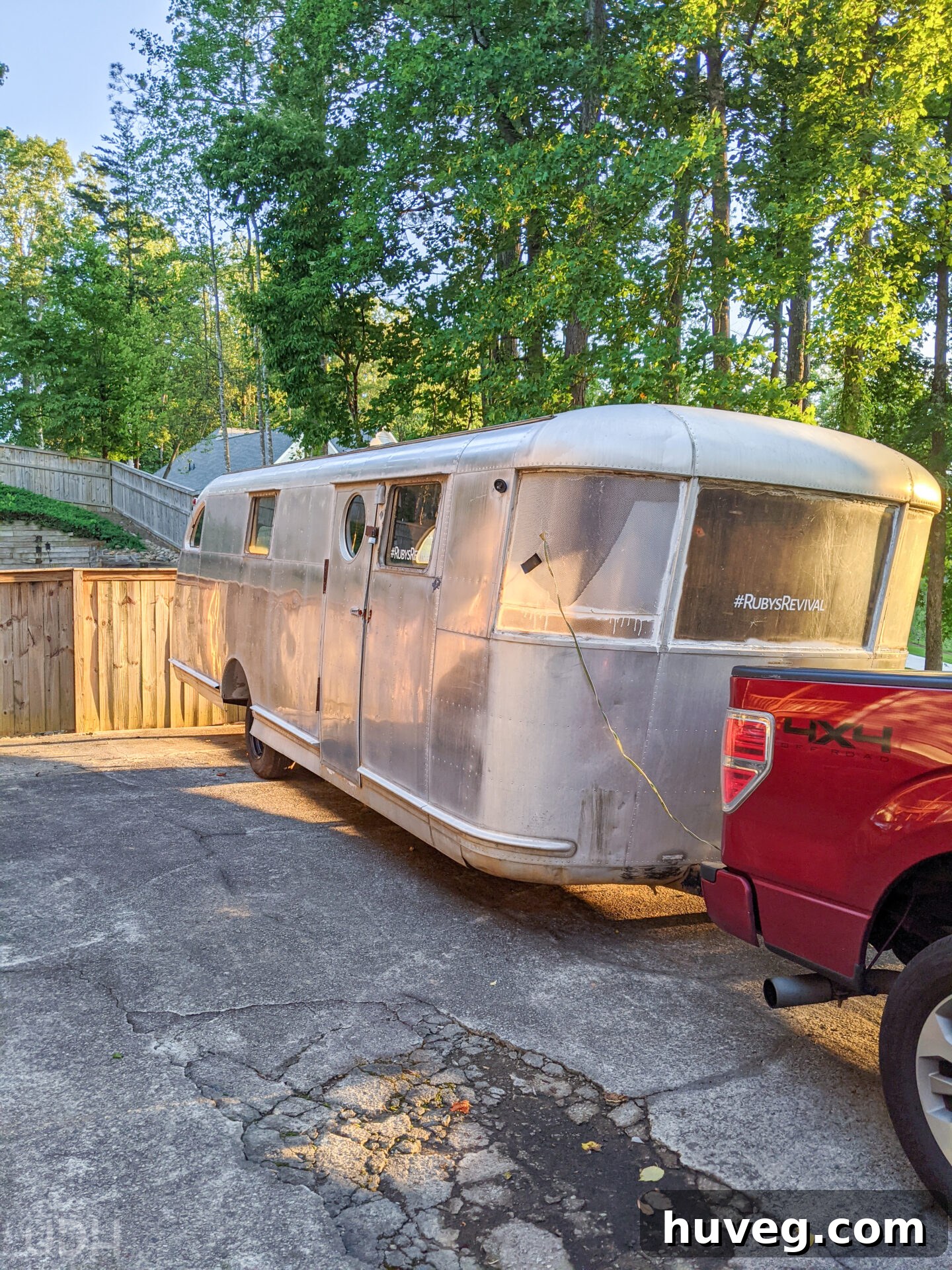 Our beloved travel trailer, Ruby, now conveniently parked in the driveway just outside our temporary basement rental.