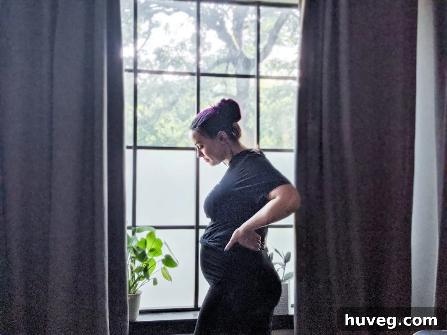 A pregnant woman, Sarah Fogle, stands in the gentle light of a window, silhouetted against a backdrop of vibrant houseplants. Her pregnancy bump is visible, symbolizing new life and change.